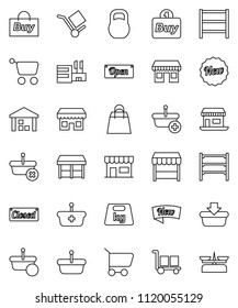 thin line vector icon set - office vector, cargo, warehouse, weight, shelving, new, open, closed, shopping bag, market, store, mall, buy, basket, cart, scales
