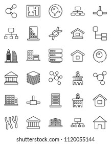 thin line vector icon set - molecule vector, bank, building, hierarchy, dna, chromosomes, ovule, connect, big data, plan, apartments, office, home