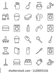 thin line vector icon set - broom vector, vacuum cleaner, mop, bucket, sponge, car fetlock, steaming, washer, washing powder, cleaning agent, rubber glove