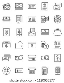 thin line vector icon set - credit card vector, cash, coin stack, receipt, dollar calendar, money, wallet, reader, check, tap pay