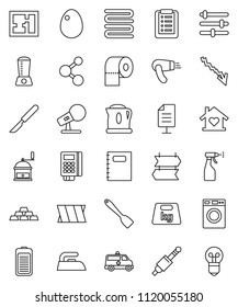 Thin Line Vector Icon Set - Iron Vector, Washer, Sprayer, Toilet Paper, Towel, Spatula, Hand Mill, Egg, Copybook, Crisis, Gold Ingot, Molecule, Weight, Microphone, Battery, Jack, Scalpel, Bandage