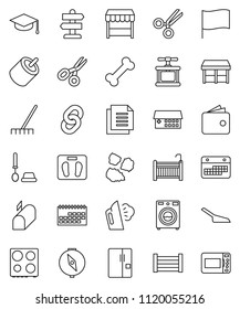 thin line vector icon set - rake vector, scoop, steaming, toilet brush, washer, garbage pile, cook press, oven, graduate hat, compass, scissors, flag, wallet, scales, bone, signpost, calendar, rca