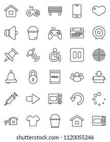 thin line vector icon set - bucket vector, microwave oven, bell, target, t shirt, calendar, satellitie, speaker, gamepad, mobile phone, group, heart, thumbtack, pause button, disabled, syringe, undo