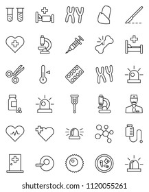 thin line vector icon set - thermometer vector, pills vial, molecule, heart cross, pulse, insemination, syringe, crutches, scissors, scalpel, broken bone, blister, microscope, microbs, chromosomes