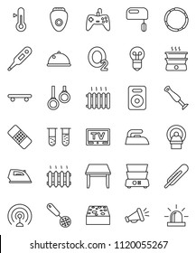thin line vector icon set - sponge vector, iron, skimmer, double boiler, thermometer, dish, skateboard, hoop, gymnast rings, oxygen, antenna, tv, speaker, vial, patch, tomography, table, heating