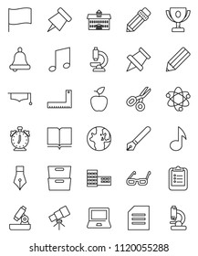 thin line vector icon set - book vector, graduate hat, pen, university, pencil, school building, corner ruler, glasses, apple fruit, atom, telescope, microscope, bell, notebook pc, alarm clock, flag