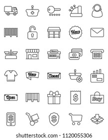thin line vector icon set - cart vector, receipt, gift, credit card, new, open, closed, market, store, mall, support, buy, barcode, cashbox, basket, trolley, delivery, mail, unlock, tap pay, clothes