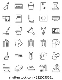 thin line vector icon set - scraper vector, broom, vacuum cleaner, fetlock, scoop, rake, bucket, clothespin, sponge, trash bin, car, window cleaning, splotch, welcome mat, iron, steaming, toilet
