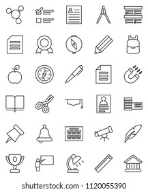 thin line vector icon set - book vector, graduate hat, pen, pencil, school building, blackboard, ruler, drawing compass, backpack, apple fruit, telescope, bell, table lamp, schedule, paper pin, exam