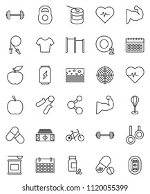thin line vector icon set - diet vector, barbell, heart pulse, stadium, pills vial, bike, weight, jump rope, hand trainer, horizontal bar, punching bag, muscule, t shirt, target, sports nutrition