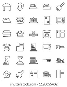 thin line vector icon set - plunger vector, fetlock, sponge, car, window cleaning, iron, shining, microwave oven, school building, warehouse, key, cottage, chalet, garage, estate document, office