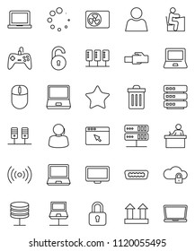 thin line vector icon set - trash bin vector, student, notebook pc, support, top sign, monitor, favorites, hdmi, server, network, cloud lock, big data, browser, lan connector, loading, unlock, user
