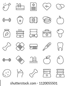 thin line vector icon set - double boiler vector, cereal, egg, mushroom, potato, chicken leg, diet, barbell, heart pulse, buttocks, pool, first aid kit, bone, hoop, doctor bag, thermometer, patch