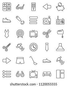 thin line vector icon set - ladle vector, mixer, glasses, scissors, piggy bank, tie, snickers, shorts, swimsuite, target, clock, radio, satellitie, tv, menu, arrow, cushioned furniture, calculator