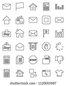 thin line vector icon set - calculator vector, flag, arrow up, dollar, document, equalizer, finger down, mail, stop button, browser, home, loading, house, buy, clothes