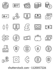 thin line vector icon set - exchange vector, dollar coin, japanese candle, credit card, cash, investment, stack, shield, monitor, any currency, pound, cent sign, money, wallet, check