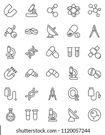 thin line vector icon set - drawing compass vector, atom, microscope, magnet, pills, molecule, oxygen, satellite, antenna, flask, vial, dna, drop counter, ovule