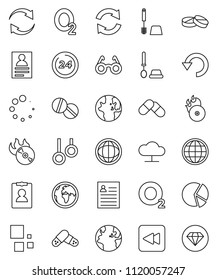 thin line vector icon set - toilet brush vector, glasses, world, personal information, pie graph, gymnast rings, oxygen, earth, music hit, backward button, pills, cloud network, refresh, undo, globe
