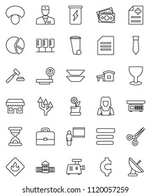thin line vector icon set - trash bin vector, cleaner woman, plates, mushroom, school building, blackboard, case, document, pie graph, auction, tie, cent sign, enegry drink, money, glass, flammable