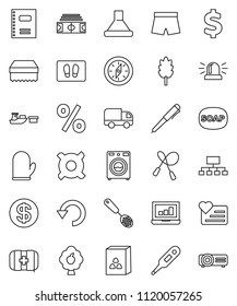 thin line vector icon set - soap vector, sponge, welcome mat, washer, cook glove, skimmer, cereal, copybook, pen, compass, laptop graph, hierarchy, any currency, dollar sign, stadium, jump rope