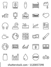 thin line vector icon set - water drop vector, tap, mixer, jar, chicken leg, pen, glasses, presentation, world, graph, cash, annual report, man, dollar calendar, earth, equalizer, headphones, heart