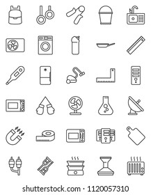 thin line vector icon set - vacuum cleaner vector, bucket, car fetlock, washer, cleaning agent, sink, pan, cutting board, microwave oven, corner ruler, backpack, magnet, flask, measuring, rca, fan