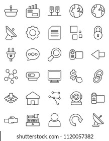 thin line vector icon set - world vector, document, dollar cursor, earth, satellite antenna, social media, link, network, server, gear, lan connector, home, message, arrow, redo, loading, lock, user