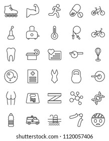 thin line vector icon set - toaster vector, measuring, bike, jump rope, hand trainer, punching bag, muscule, buttocks, swimsuite, roller Skates, pills, molecule, water bottle, pool, heart monitor
