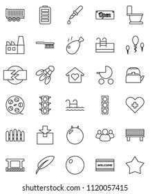 thin line vector icon set - fetlock vector, welcome mat, toilet, kettle, chicken leg, pen, fitball, shuttlecock, traffic light, truck trailer, package, film frame, spool, group, battery, heart cross