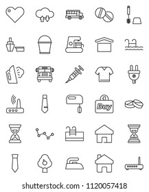 thin line vector icon set - bucket vector, iron, steaming, toilet brush, school bus, constellation, sand clock, tie, port, dry cargo, heart, syringe, pills, cloud exchange, router, home, pool, buy