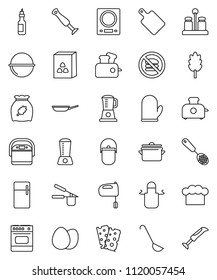 thin line vector icon set - pan vector, camping cauldron, cook hat, apron, glove, press, skimmer, ladle, cutting board, mixer, spices, cereal, egg, oil, breads, no fastfood, fridge, multi cooker