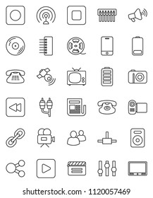 thin line vector icon set - cinema clap vector, film spool, disk, antenna, satellitie, newspaper, loudspeaker, settings, video camera, mobile phone, classic, link, speaker, group, battery, stop, rec