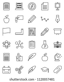 thin line vector icon set - graduate hat vector, pen, university, pencil, blackboard, corner ruler, student, backpack, apple fruit, atom, table lamp, calculator, clipboard, compass, scissors, abacus