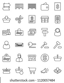 thin line vector icon set - cart vector, receipt, credit card, dollar coin, wallet, closed, market, store, mall, customer, support, buy, barcode, basket, auction, loudspeaker, tap pay, coupon