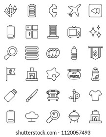 thin line vector icon set - shining vector, splotch, plates, window, towel, knife, hand mill, bbq, school bus, magnifier, dollar flag, cent sign, t shirt, water bottle, route, plane, tv, battery