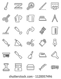thin line vector icon set - scraper vector, broom, rake, sponge, car fetlock, iron, steaming, rubber glove, measuring cup, whisk, spatula, rolling pin, double boiler, pen, drawing compass, scissors