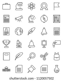 thin line vector icon set - copybook vector, pen, school building, blackboard, case, backpack, atom, telescope, microscope, bell, table lamp, calculator, paper pin, compass, award cup, medal, abacus
