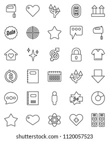 thin line vector icon set - shining vector, mixer, copybook, atom, exchange, pie graph, man, arrow down, target, calendar, stadium, top sign, favorites, heart, cross, gender, disconnection, message