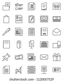 thin line vector icon set - cleaner trolley vector, toilet paper, book, copybook, pen, schedule, document, exam, cash, annual report, fitness mat, money, clipboard, newspaper, thumbtack, mail, gift