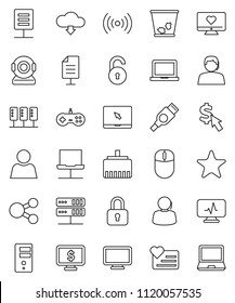 thin line vector icon set - trash bin vector, notebook pc, monitor dollar, cursor, heart, support, favorites, hdmi, diagnostic, server, network, lan connector, share, cloud download, document, user