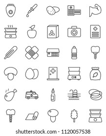 thin line vector icon set - double boiler vector, cereal, egg, mushroom, potato, chicken leg, oil, apple fruit, muscule hand, water bottle, fitness mat, pool, first aid kit, hoop, thermometer, patch