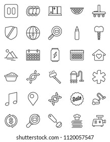 thin line vector icon set - vacuum cleaner vector, foam basin, plates, shining window, colander, ladle, cookbook, music, exchange, punching bag, enegry drink, calendar, protected, cargo search, dna