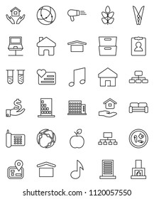thin line vector icon set - clothespin vector, house hold, apple fruit, music, archive, investment, personal information, hierarchy, cereals, heart monitor, navigator, phone, dry cargo, vial, home
