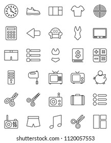 thin line vector icon set - mixer vector, scissors, music, piggy bank, case, annual report, snickers, shorts, swimsuite, t shirt, target, clock, radio, tv, menu, arrow, cushioned furniture, computer