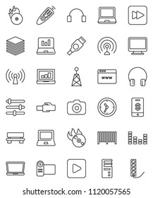 thin line vector icon set - notebook pc vector, laptop graph, clock, music hit, camera, antenna, equalizer, remote control, headphones, play button, forward, hdmi, big data, browser, lan connector