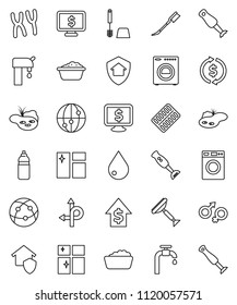 thin line vector icon set - scraper vector, water drop, car fetlock, window cleaning, toilet brush, washer, foam basin, shining, blender, exchange, dollar growth, monitor, bottle, route, internet