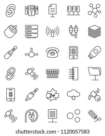 thin line vector icon set - satellite vector, satellitie, social media, link, rca, jack, connect, server, disconnection, network folder, big data, hub, usb modem, share, cloud upload, chain, phone