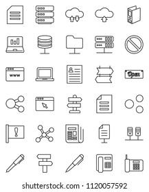 thin line vector icon set - pen vector, notebook pc, document, personal information, laptop graph, binder, prohibition sign, signpost, attention, newspaper, network, server, folder, cloud exchange