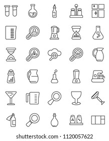 thin line vector icon set - scraper vector, shining window, oil, measuring cup, hand mill, spices, jug, magnifier, flask, glass, vial, sand clock, potion, cloud, search estate, client, coffee maker