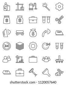 thin line vector icon set - scraper vector, vacuum cleaner, iron, steaming, student, case, money bag, group, vial, scissors, big data, gear, bench, construction crane, 24 hour